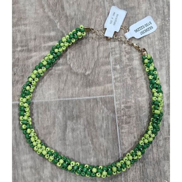 Free People Diving In Necklace seed  Beaded Green & Lime  Braided Gold  Choker - Picture 2 of 2